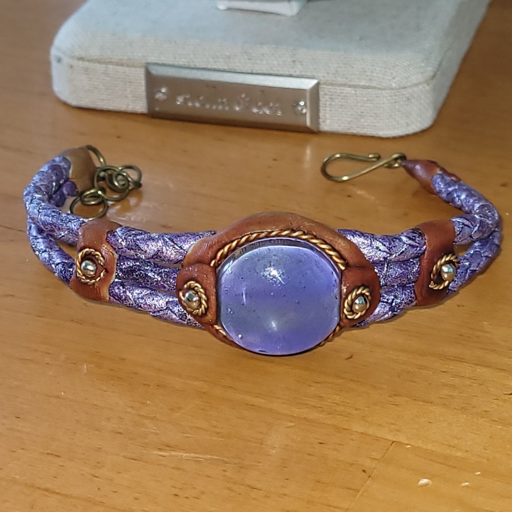 Vintage AP Purple Braided Leather Glass Cabochon Bracelet Artisan Signed